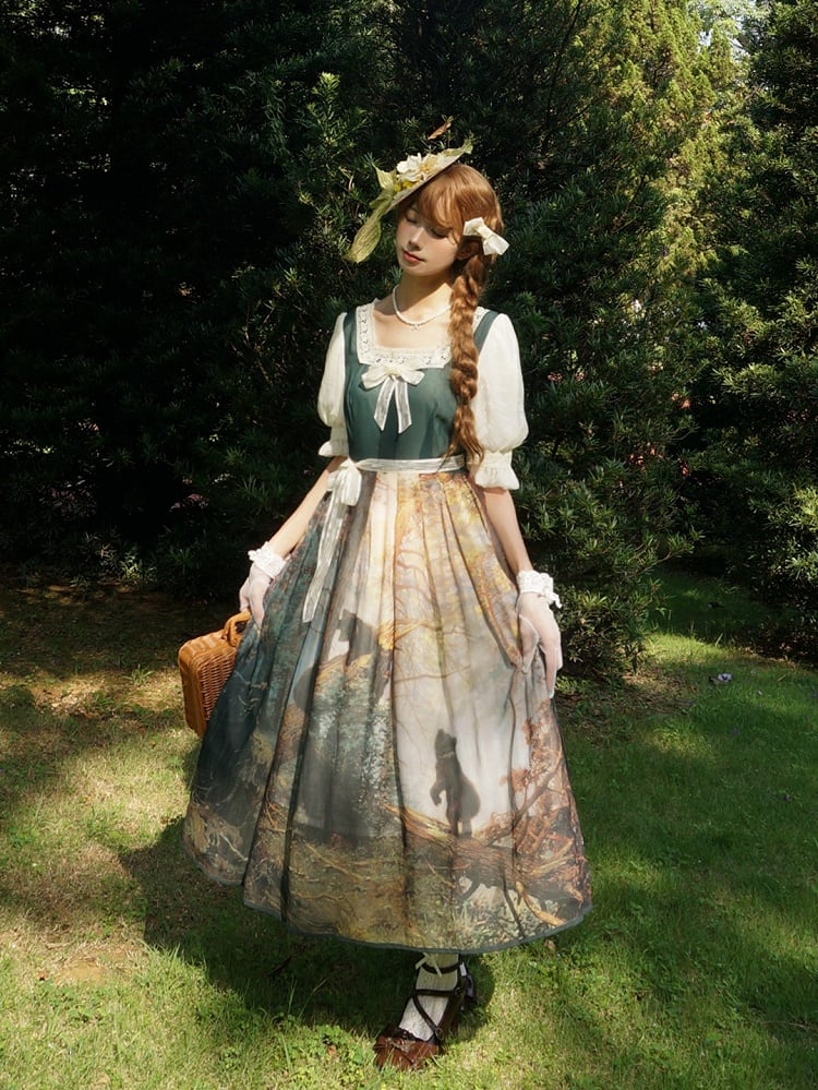 Dark Green Square Neckline Forest Print Elegant Classic Lolita Dress with Bow Detail