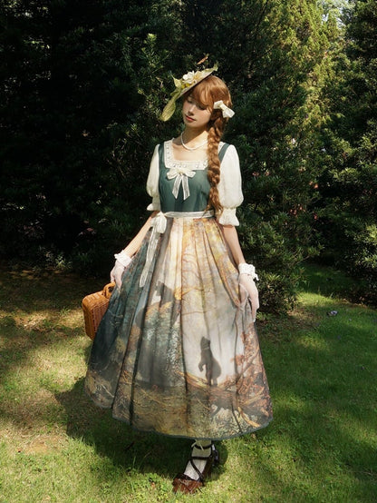 Dark Green Square Neckline Forest Print Elegant Classic Lolita Dress with Bow Detail