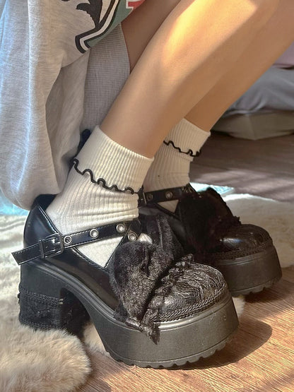 Black Plush Kitty Ear Lace Platform Mary Janes