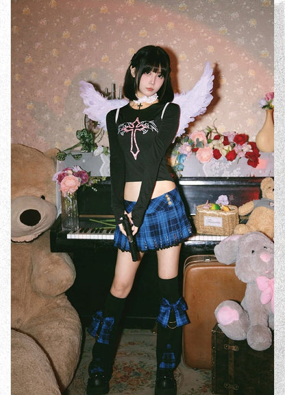 Gothic Cross and Wing Print Black  Punk Cropped Top