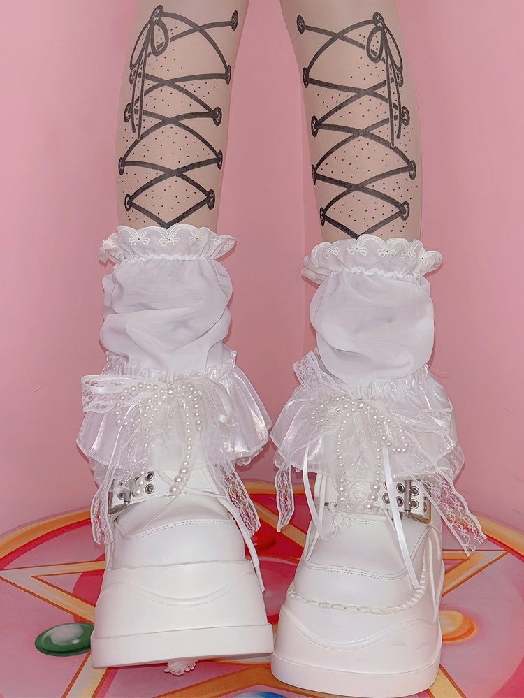 White Y2K Beaded Bowknot Decorated Lace Trim Leg Sleeves