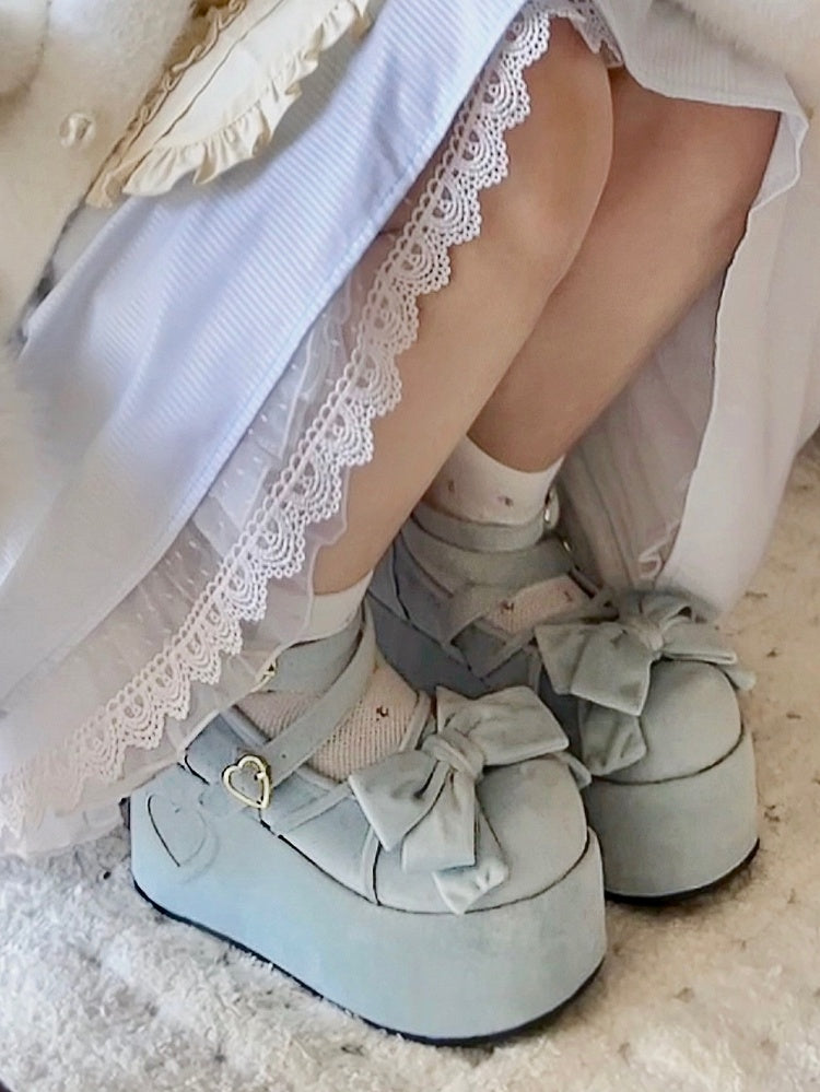 Platform Blue Sweet Mary Janes for Lolita with Bow Decor, Crossed Straps & Romantic Clasp