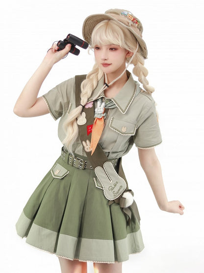 Cute Bunny Green Shirt with Carrot Tie + Skirt with Waist Belt and Plush Tail