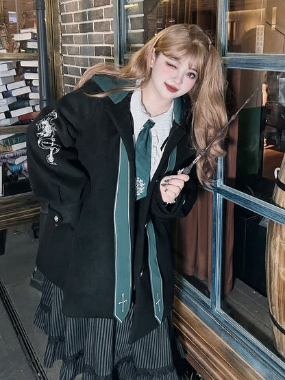 Plus Size Crosses Embroidery Black Witch Coat