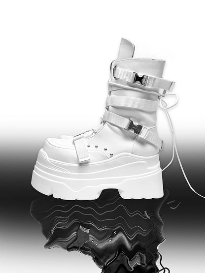 Matte White Punk Stud Bandage Design Lace-up Details Platform Boots