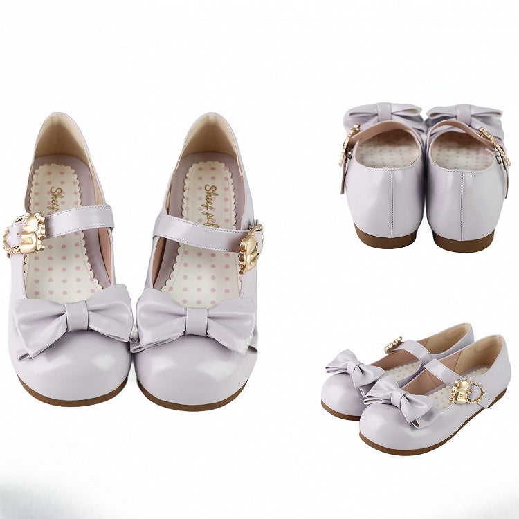 Purple Bow at Top Sweet Lolita Flats with Hugging Bear Heart Buckles