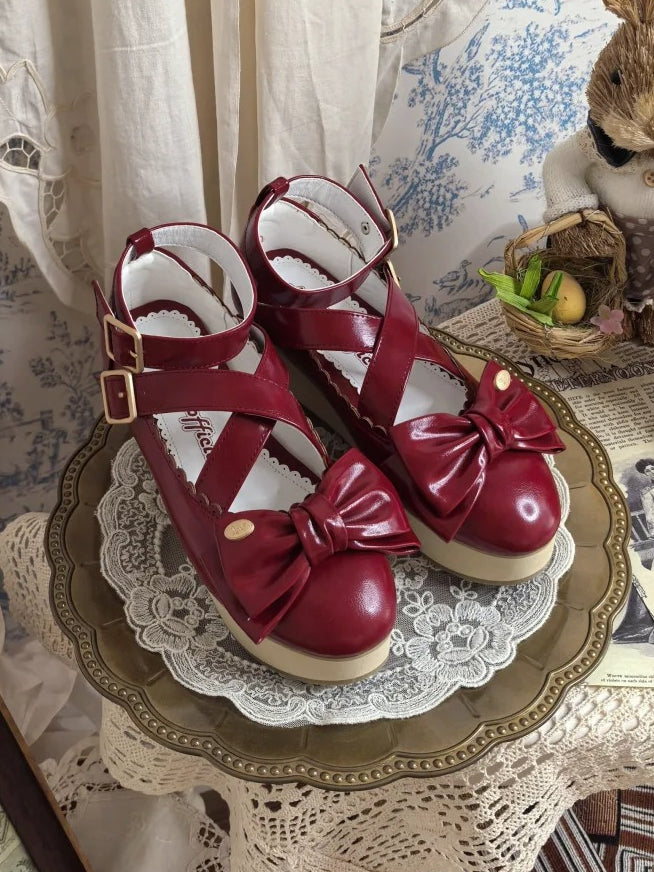 PU Red Sweet Lolita Platform Mary Janes - Crisscross Straps with Wood Grain Sole & Bow at Top