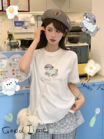 Adorable Puppy Print White Round Neck Loose T-shirt