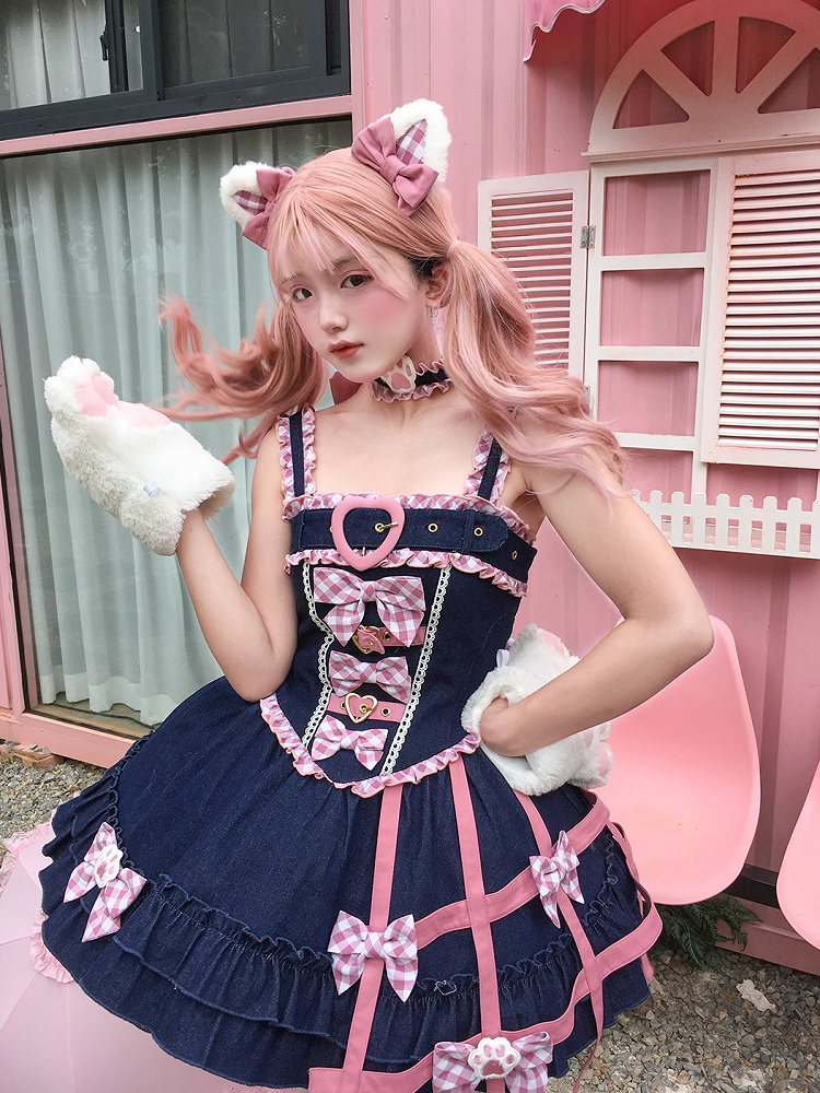 Y2K Pink Plaid Bowknots Birdcage Design Blue Denim Sweet Lolita Dress Jumper Skirt