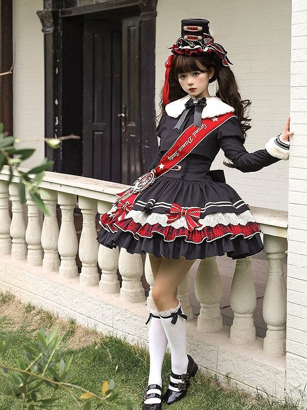 Preppy Style Black & Red Plaid Notched Collar Lolita Dress with Lace Trim and Bow Accents