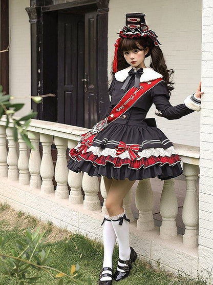 Preppy Style Black & Red Plaid Notched Collar Lolita Dress with Lace Trim and Bow Accents