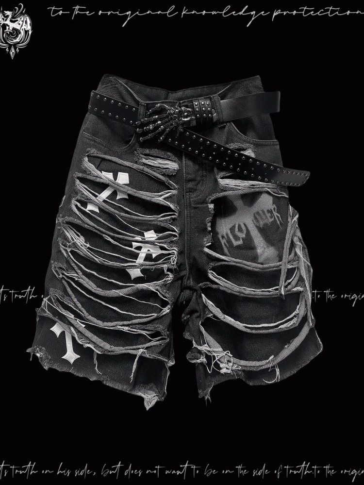 Dark Gray Cross Appliques Distressed Holes Y2K Glamorous Denim Shorts