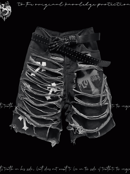 Dark Gray Cross Appliques Distressed Holes Y2K Glamorous Denim Shorts