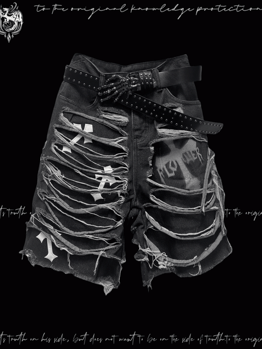 Dark Gray Cross Appliques Distressed Holes Y2K Glamorous Denim Shorts