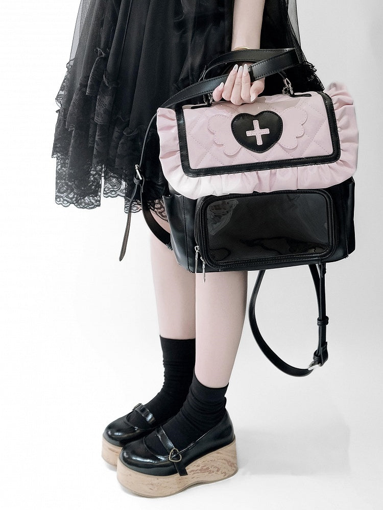 Black & Pink Jirai Kei Ita Bag – Heart & Angel Wings Decoration, Harajuku Style