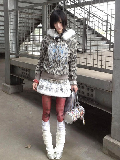 Gyaru Fashion Y2K Gray Leopard Print Hoodie with Detachable Faux Fur Trim