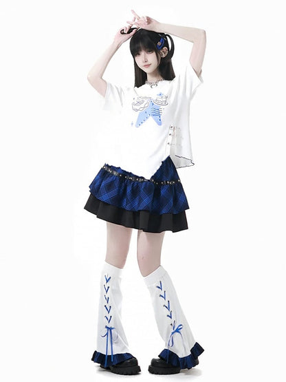 Blue Plaid Hem Lace-up Detail White Leg Warmers