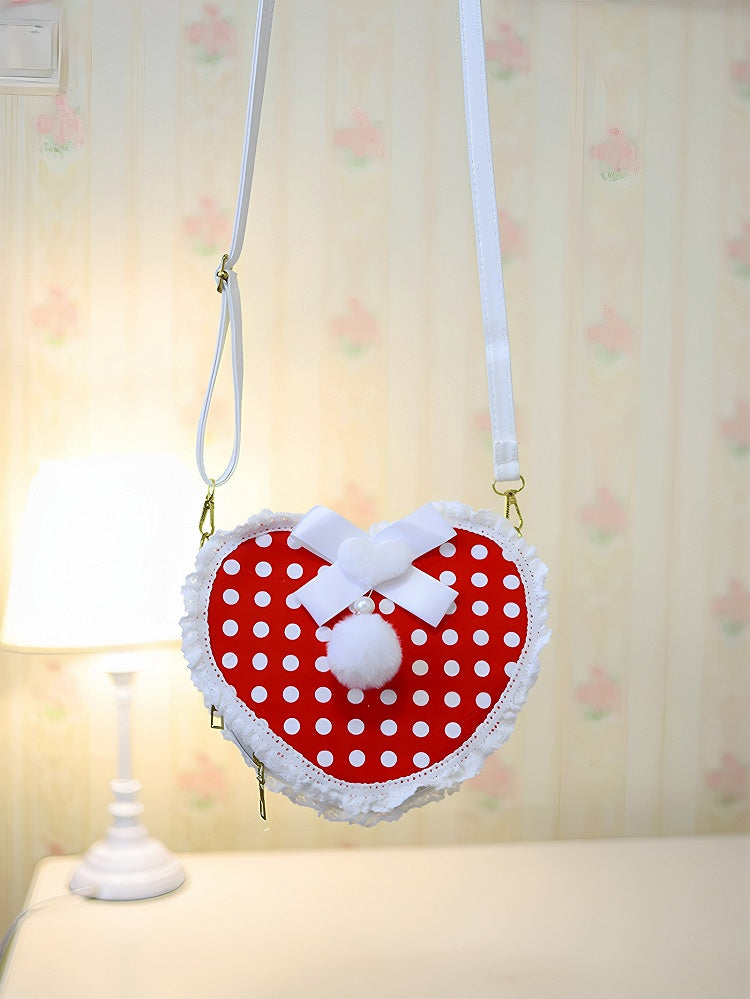 Red Polka-dot Pattern Beaded Decorated Plush Bunny Design Heart-shaped Crossbody Bag With Pompon