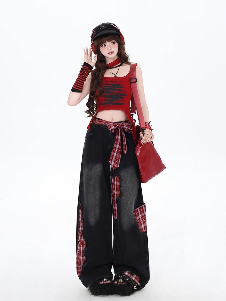 Red Plaid Bowknot Wide-leg Cut High Street Black Jeans