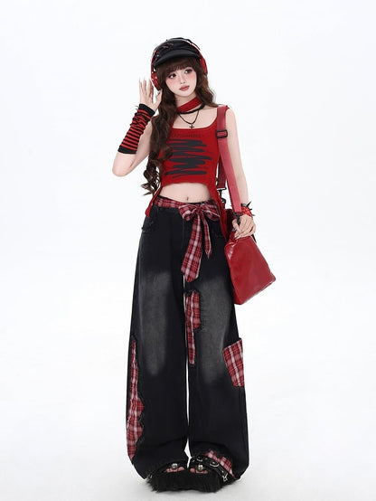 Red Plaid Bowknot Wide-leg Cut High Street Black Jeans