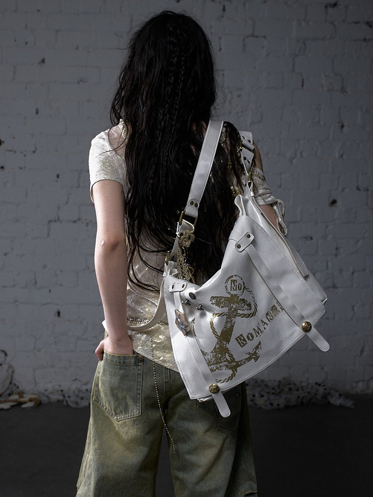 Gold Ship Anchor Print Punk Distressed Design Black/White PVC Crossbody Bag