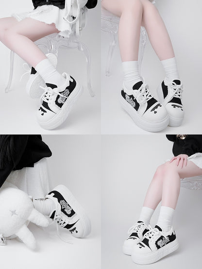 Black & White Otaku-Kwaii Platform Shoes - Lace-Up Design with Letter Print & Raw Edge Trim