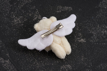 White Angel Wing Beige Teddy Bear Bow Hairclip
