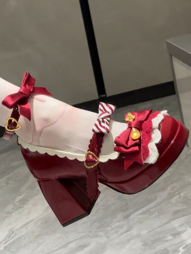 Lace Layers, Bow Accents & Decorative Heart Buckle PU Wine Red 8cm High Heels in Sweet Lolita