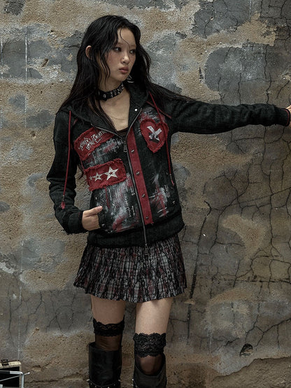 Sweetheart Applique Black Gothic Punk Distressed Zip Hoodie with Studs