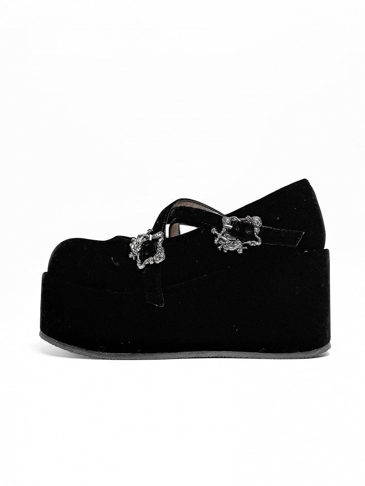 Velvet Black Gothic Crosscriss Design Platform Mary Janes With Detachable Buckles