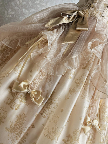 Champagne Corset Waist Drawstring Overlay Skirt Lolita Jumper Skirt