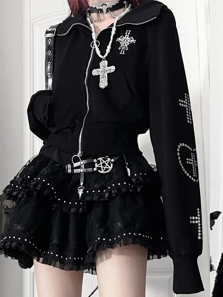 Black Bittersweet Cross And Heart Design Cat Ear Hooded Jacket