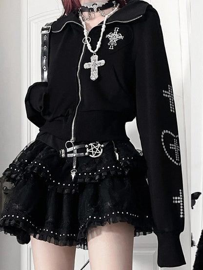Black Bittersweet Cross And Heart Design Cat Ear Hooded Jacket