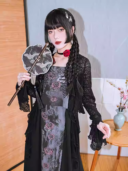 Black Bell Sleeves Asymmetrical Ruffled Hem Hollow-out Lace Cardigan