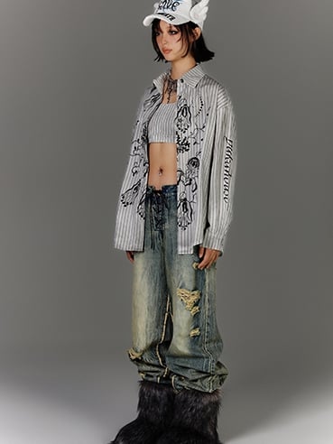 Oversized Silhouette Black & White Stripes Distressed Graffiti Shirt