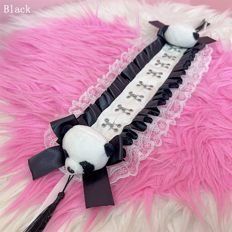 Black/White Jirai Kei Plush Panda Decorated Bowknot Details Ruffled Lace Trim Hairband with Tassels