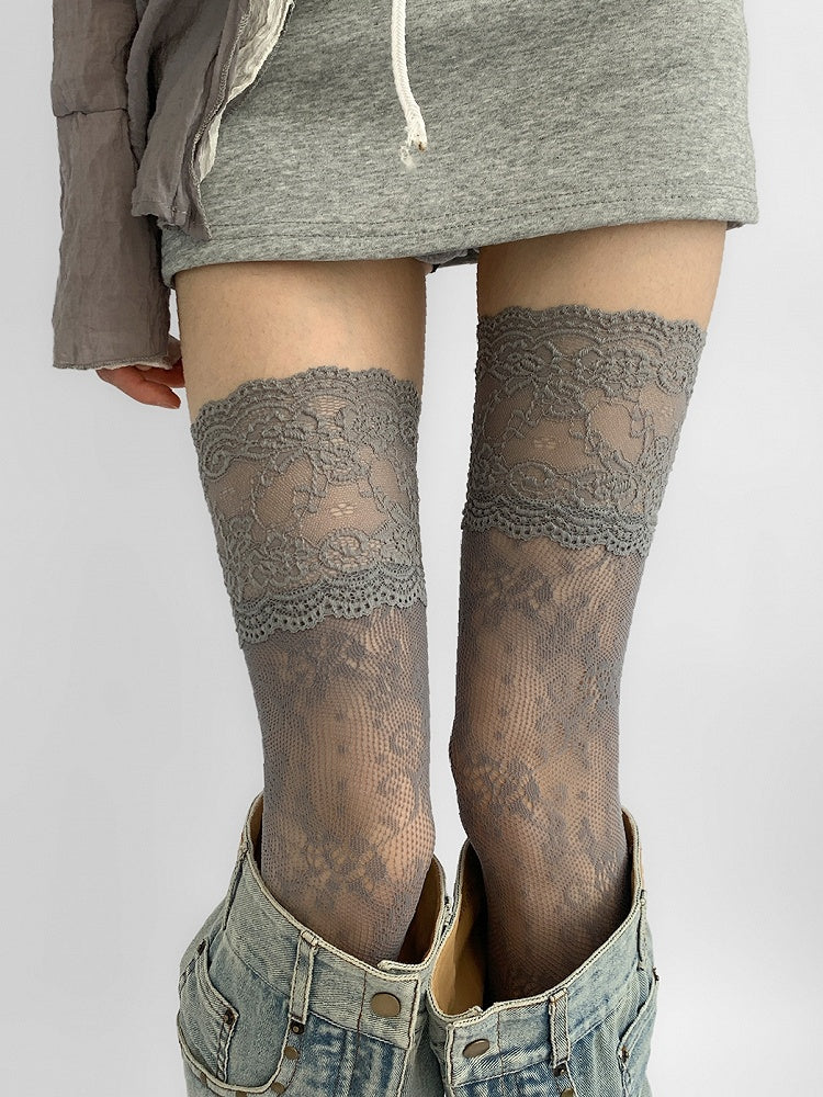 Gray/White/Brown/Blue/Black Lace Trim Hollow-out Design Over-knee Stockings