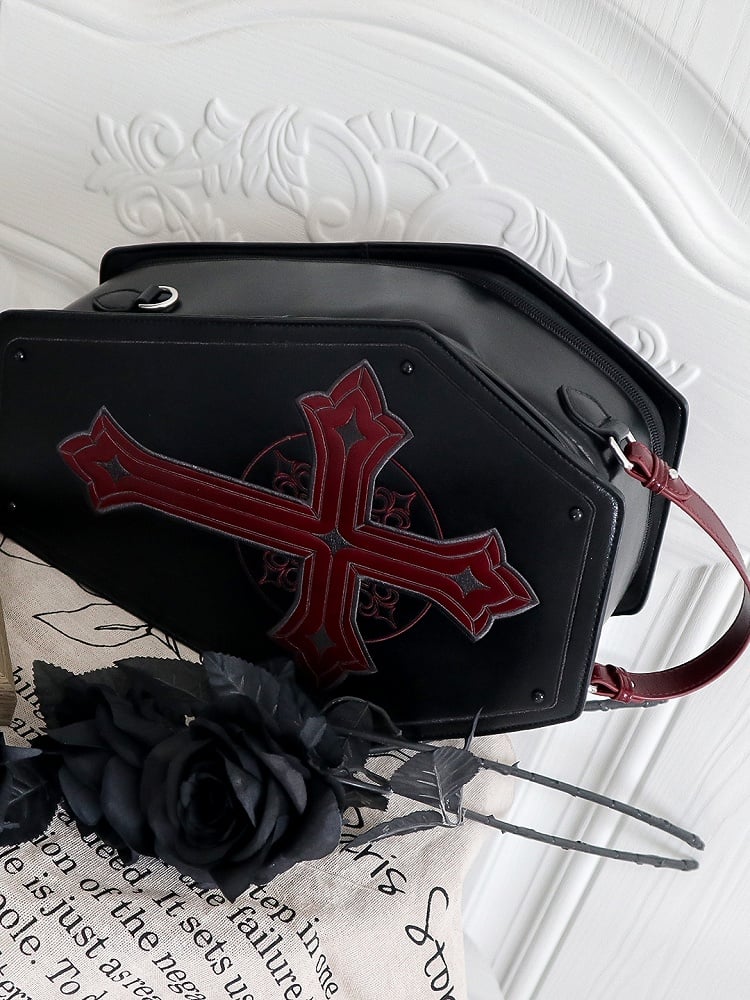 Black&Red Cross Decorated Coffin-Shaped 1/6 Scale BJD Doll Bag with Two Straps