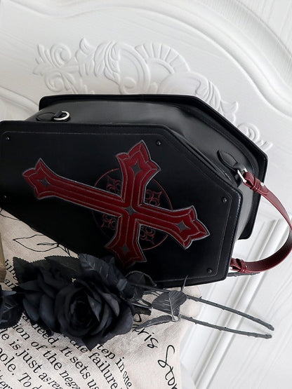 Black&Red Cross Decorated Coffin-Shaped 1/6 Scale BJD Doll Bag with Two Straps
