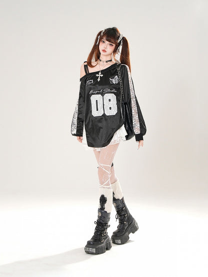 Asymmetrical Neckline Butterfly Embroidery Lace Patches Black/Silver Top