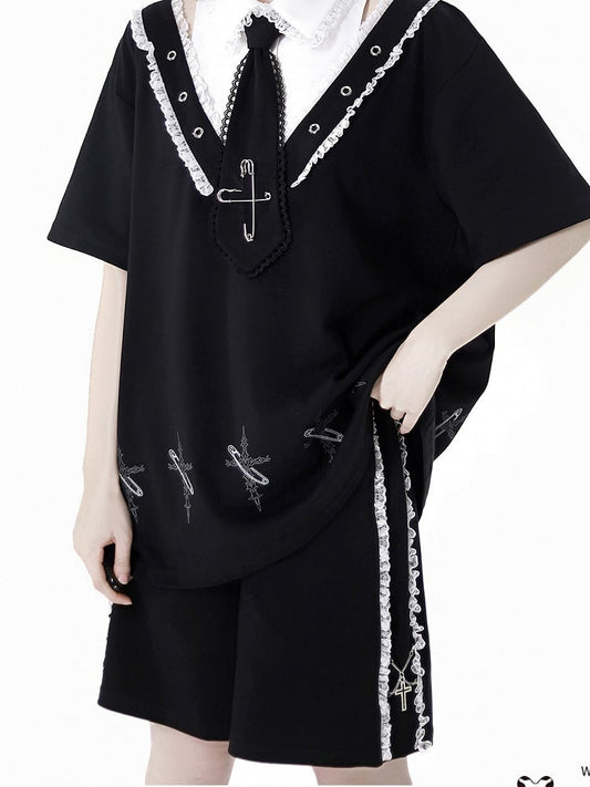Black Elastic Waist Contrast Lace Trim Cross Charms Shorts