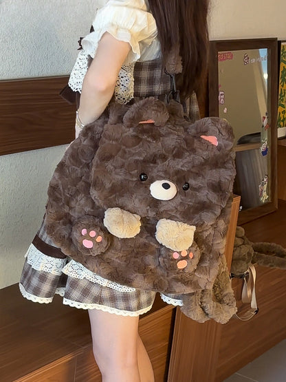 Brown Cute Bear Plush Flap Backpack Bag Middle/Large Size