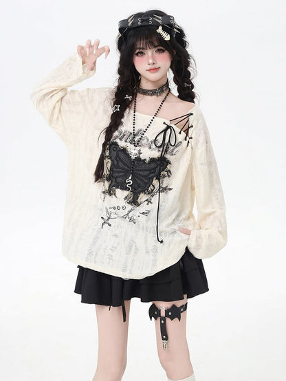 Vintage Butterfly Applique Lace-up Neckline Apricot Distressed Holes Top