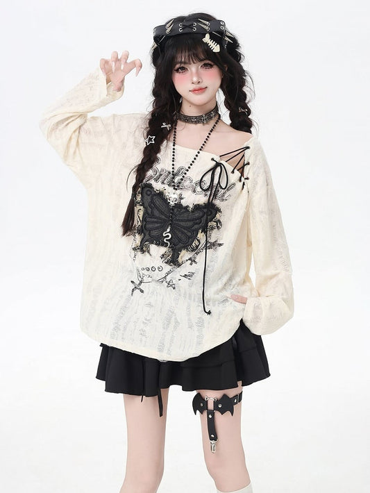 Vintage Butterfly Applique Lace-up Neckline Apricot Distressed Holes Top