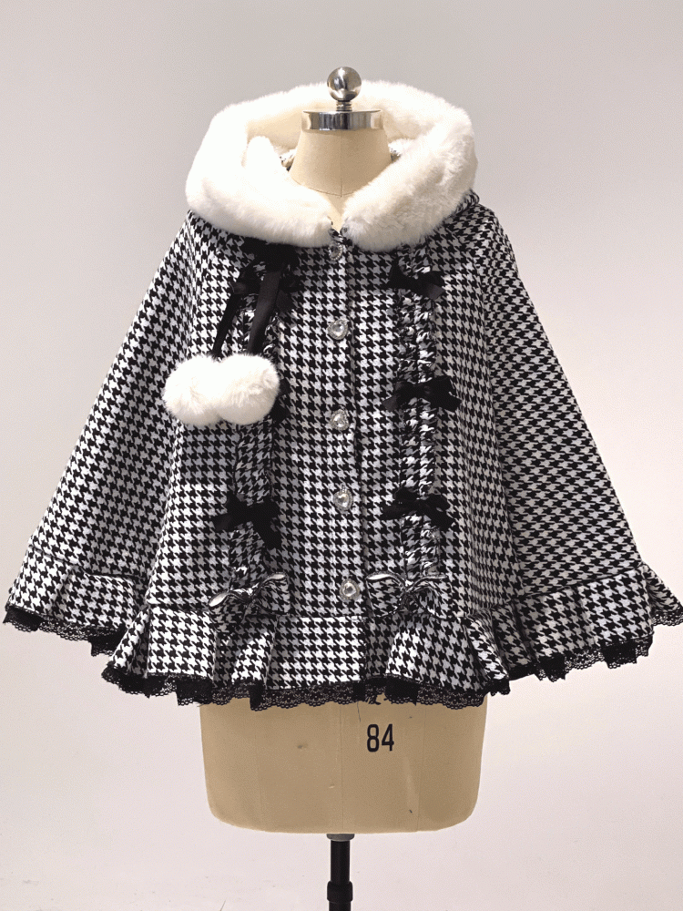Jirai Kei Houndstooth Fleece-Lined Hooded Cape with Heart Buttons, Bow & Pompom | 3 Colors