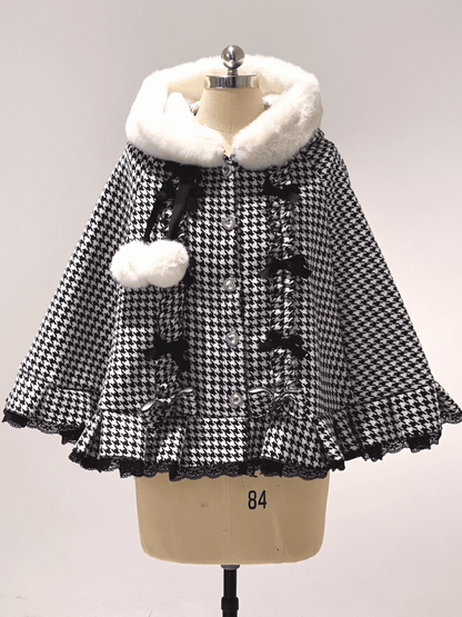 Jirai Kei Houndstooth Fleece-Lined Hooded Cape with Heart Buttons, Bow & Pompom | 3 Colors
