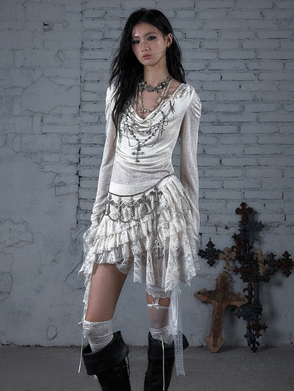 Black/Beige Wasteland Punk Cross Beaded Chain Print Lace Trim Dress