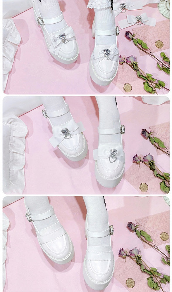 Jirai Kei Rhinestones Bow Clips White Chunky Heels Landmine Style Platforms