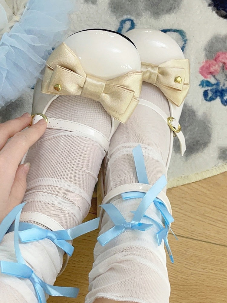 Heart-Decorated Champagne Bow PU Leather White High Block Heel Mary Janes in Sweet Lolita