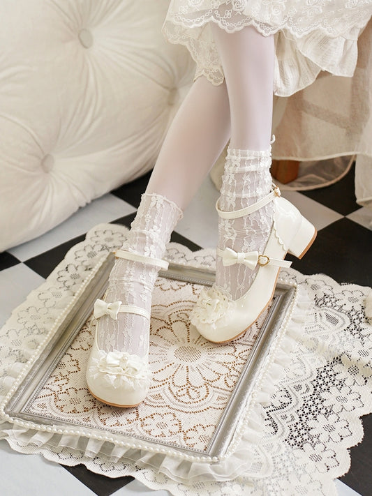 Milky White Bow at Top Lace Trim Heart Buckles Round Toe Lolita Shoes
